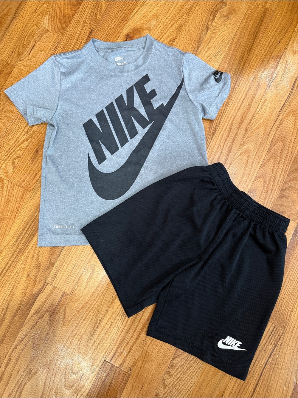 Nike Grey Graphic Tee and Black Athletic Dri-Fit T-Shirt and Shorts Set (Size 6)